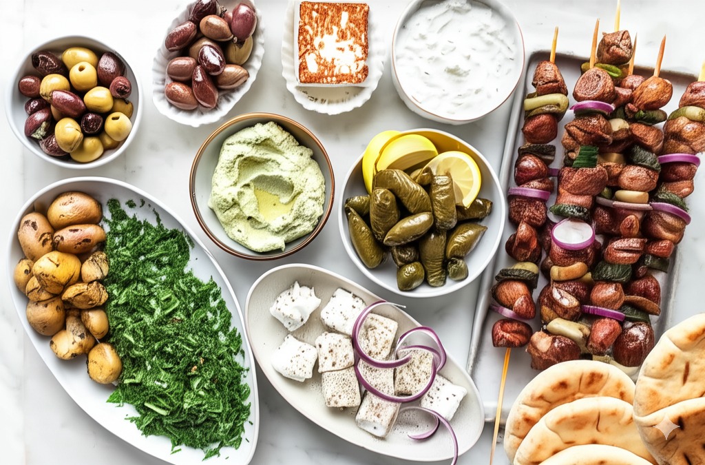 Greek food on a table